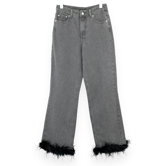 NWT Nasty Gal Washed Black / Gray Feather Hem Straight Leg Jeans sz 8 - Picture 2 of 12